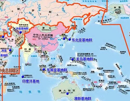 图1：美军遍布中国周边的军事基地群。